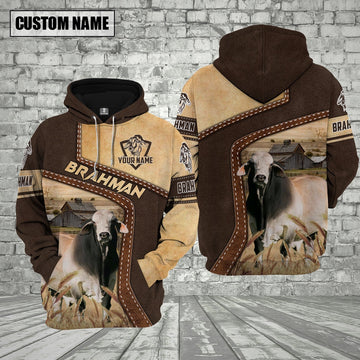 Farm Brahman Cattle Brown Leather Pattern Custom Name 3D Shirts, Farmer Hoodie, Custom Farm Shirts, Farmer T Shirt