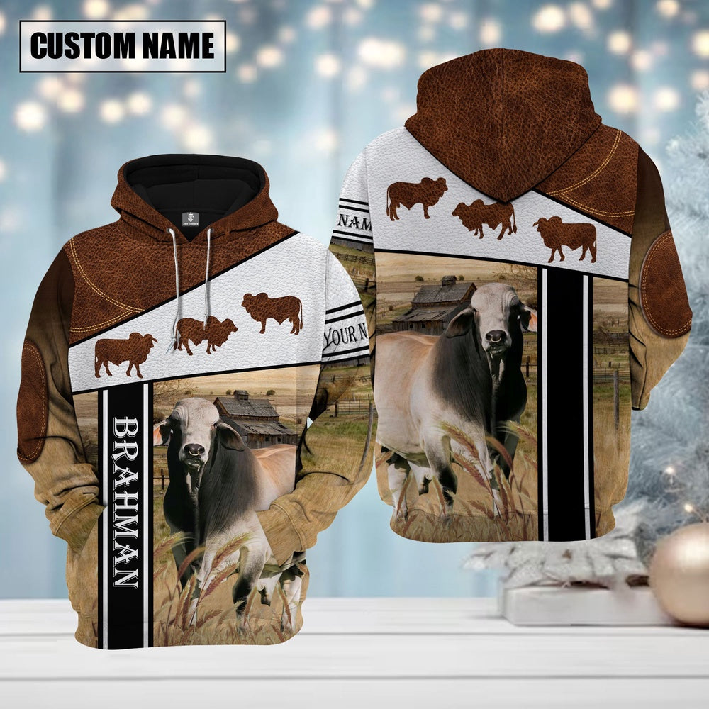 Farm Brahman Cattle Brown Leather Pattern Custom Name Shirts, Farmer Hoodie, Custom Farm Shirts, Farmer T Shirt