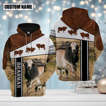 Farm Brahman Cattle Brown Leather Pattern Custom Name Shirts, Farmer Hoodie, Custom Farm Shirts, Farmer T Shirt