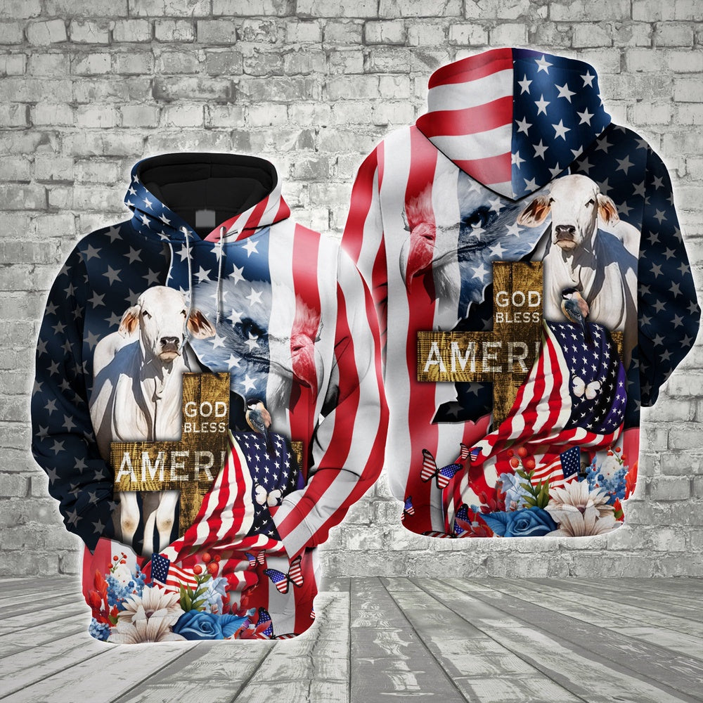 Farm Brahman Cattle Cross God Bless America 3D Shirts, Farmer Hoodie, Farm Themed Shirts, Farm Tee Shirts