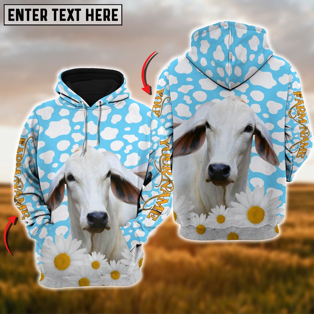 Farm Brahman Cattle Daisy Pattern Customize Name 3D Shirts, Farmer Hoodie, Custom Farm Shirts, Farmer T Shirt