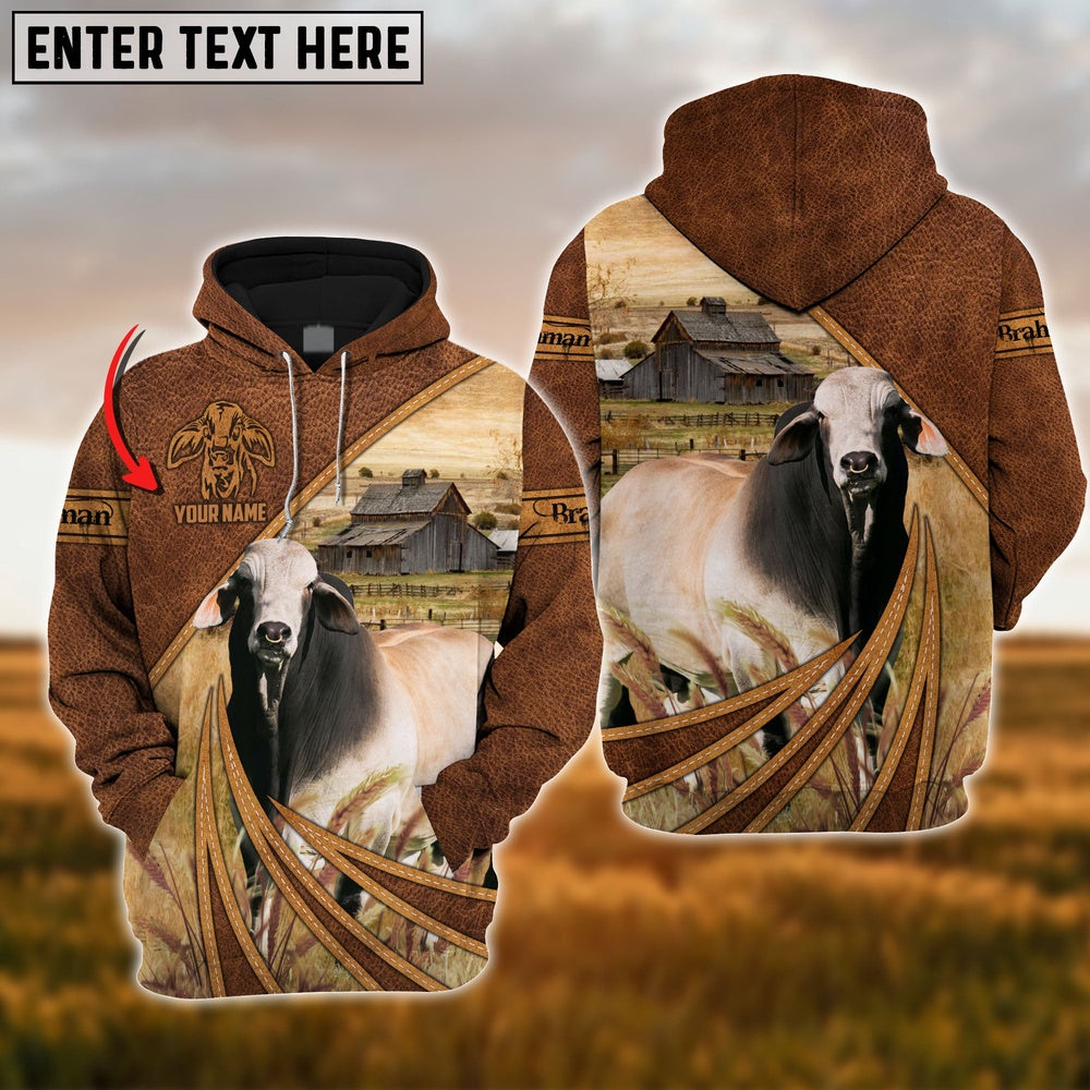 Farm Brahman Cattle Leather Pattern 3D Custom Name Printed Shirts, Farmer Hoodie, Custom Farm Shirts, Farmer T Shirt