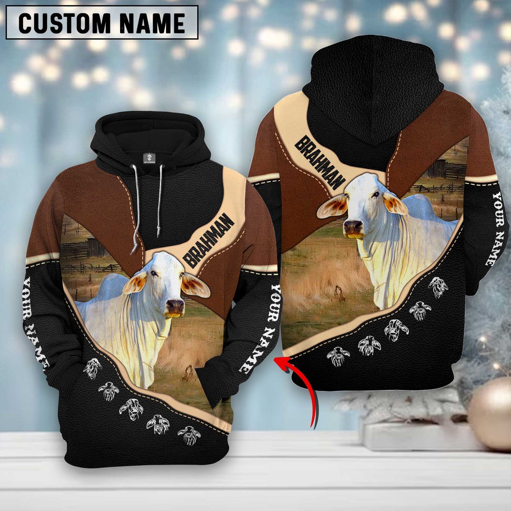 Farm Brahman Cattle Leather Pattern Custom Name 3D Shirts, Farmer Hoodie, Custom Farm Shirts, Farmer T Shirt