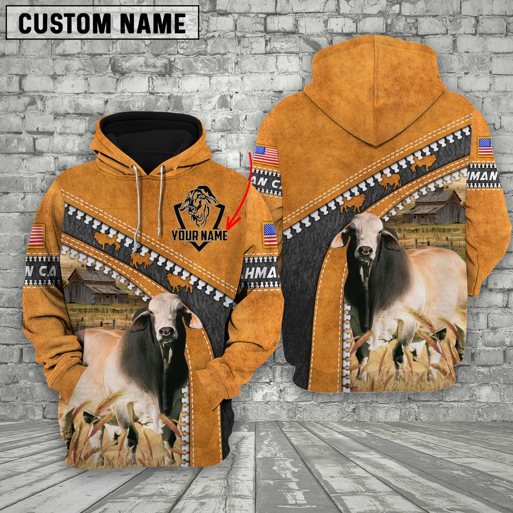 Farm Brahman Cattle Leather Zip Pattern Custom Name 3D Shirts, Farmer Hoodie, Custom Farm Shirts, Farmer T Shirt