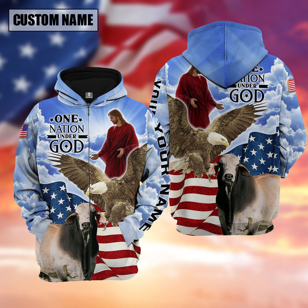 Farm Brahman Cattle One Nation Under God 3D Shirts, Farmer Hoodie, Custom Farm Shirts, Farmer T Shirt