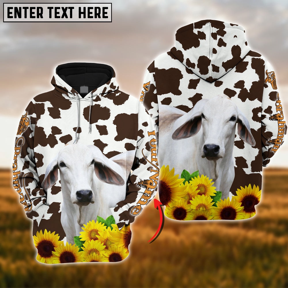 Farm Brahman Cattle Sunflower Pattern Customize Name 3D Shirts, Farmer Hoodie, Custom Farm Shirts, Farmer T Shirt