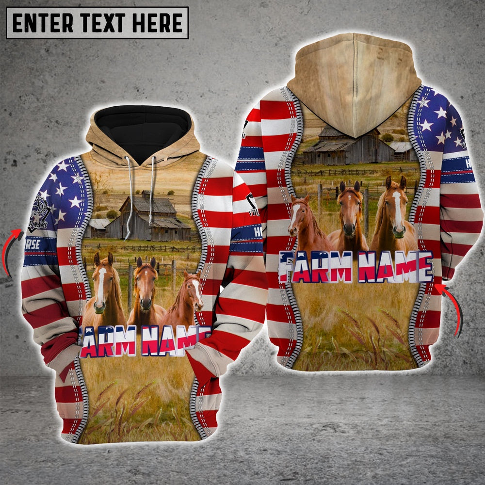 Farm Brown Horse America Pride Custom Name And Farm Name 3D Shirts, Farmer Hoodie, Custom Farm Shirts, Farmer T Shirt