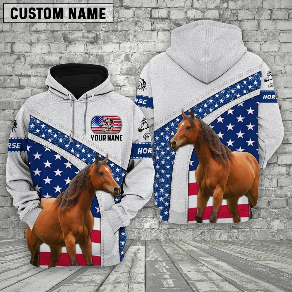 Farm Brown Horse American Flag Custom Name 3D Shirts, Farmer Hoodie, Custom Farm Shirts, Farmer T Shirt