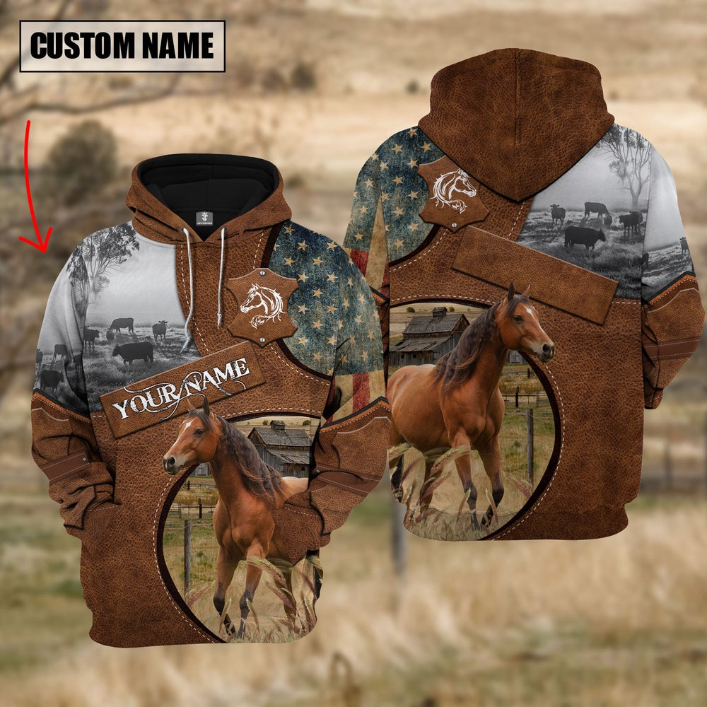 Farm Brown Horse American Leather Pattern 3D Custom Name Shirts, Farmer Hoodie, Custom Farm Shirts, Farmer T Shirt