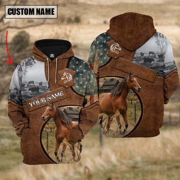 Farm Brown Horse American Leather Pattern 3D Custom Name Shirts, Farmer Hoodie, Custom Farm Shirts, Farmer T Shirt