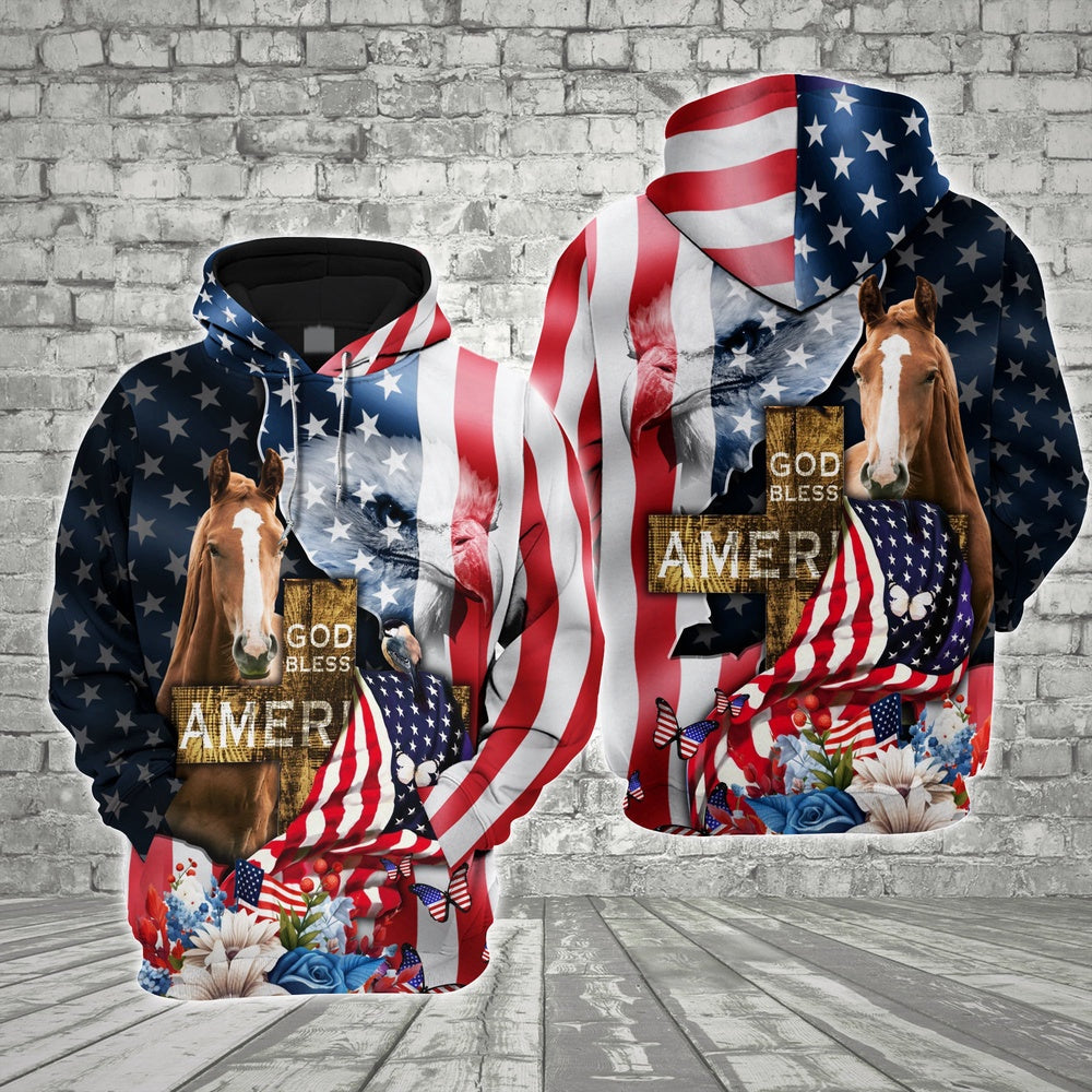 Farm Brown Horse Cross God Bless America 3D Shirts, Farmer Hoodie, Farm Themed Shirts, Farm Tee Shirts