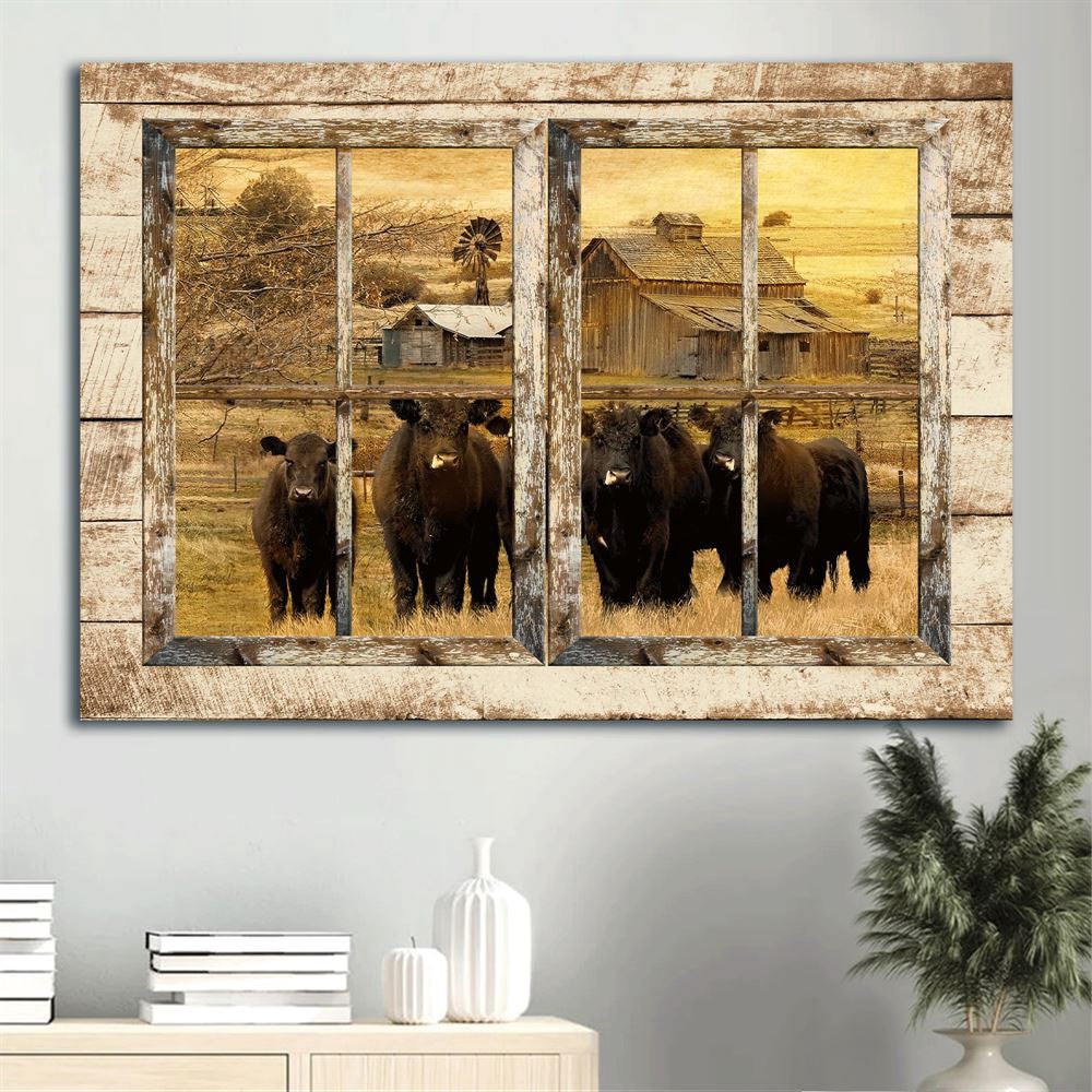 Farm Canvas, Aberdeen Angus Canvas, Farm Drawing, Through The Window Frame Landscape Canvas, Farmhouse Canvas, Farm Gift, Farm Home Decor