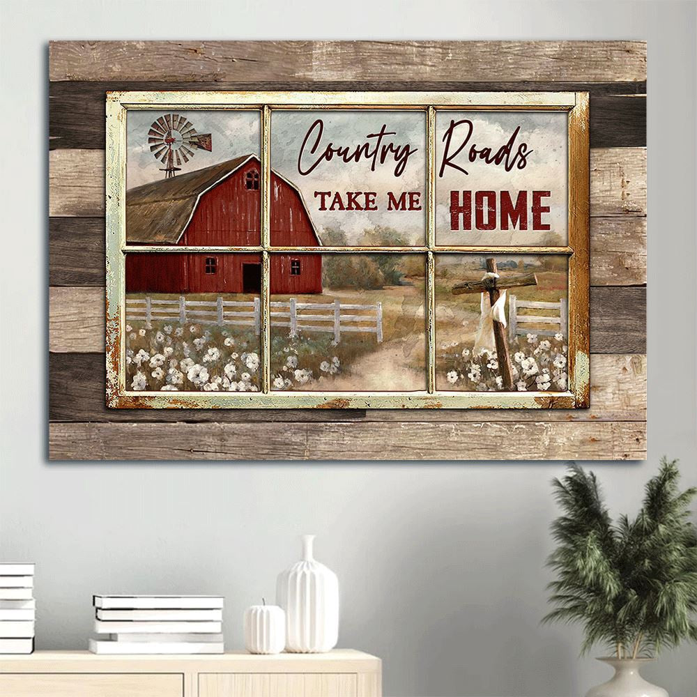 Farm Canvas, Antique Window, White Poppy, Red House Landscape Canvas, Farmhouse Canvas, Farm Gift, Farm Home Decor