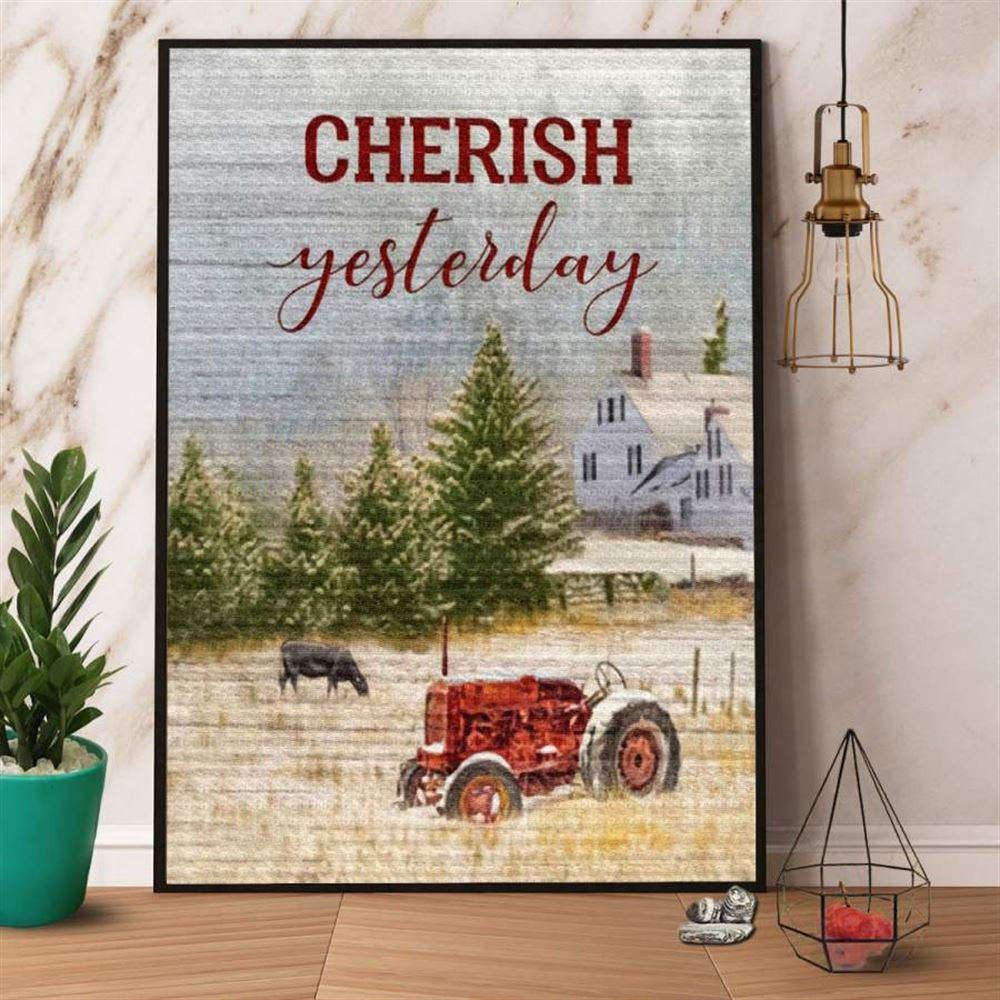 Farm Canvas, Cherish Yesterday Red Tactor Cow Farmhouse Christmas Decor Canvas, Farm Wall Art, Farm Art Decor