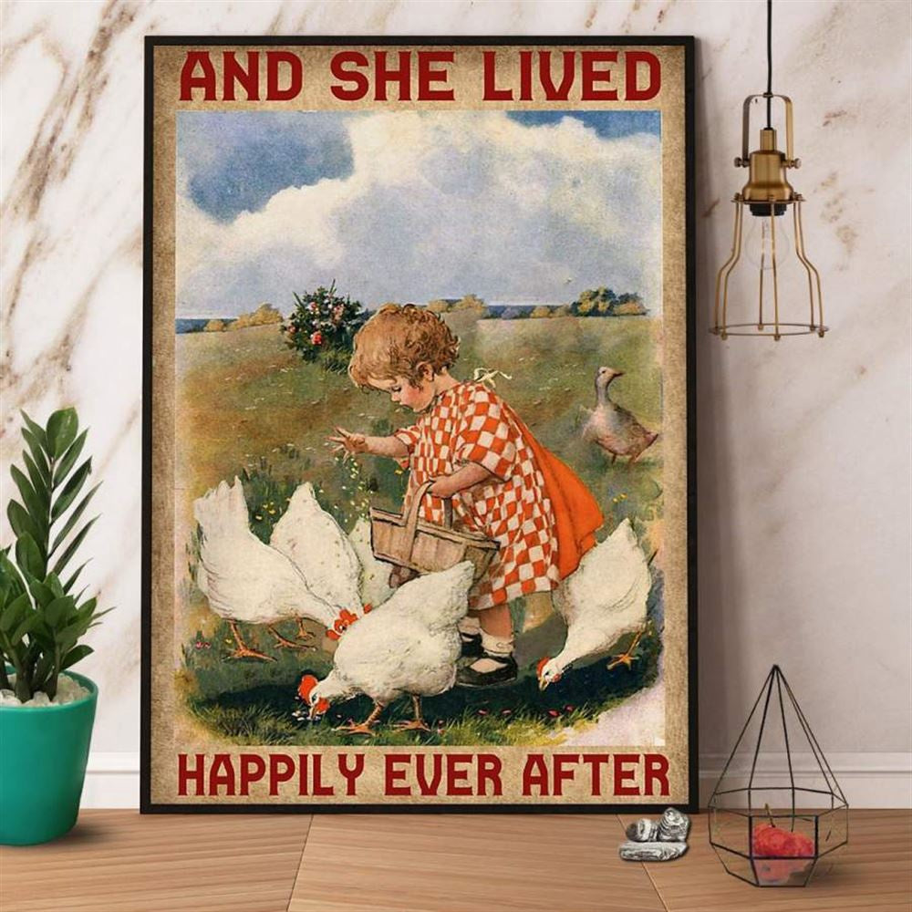 Farm Canvas, Chicken And Children She Lived Happily Ever After Farm Cute Girl Canvas, Farm Wall Art, Farm Art Decor