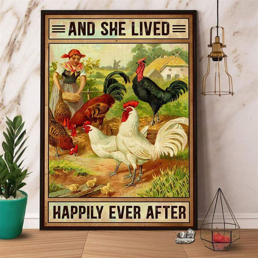 Farm Canvas, Chicken And She Lived Happily Ever After Farmer Canvas, Farm Wall Art, Farm Art Decor