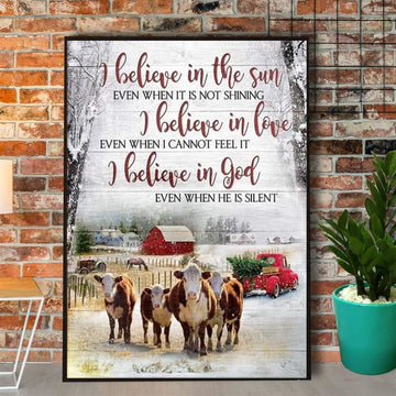 Farm Canvas, Christmas Hereford Cow I Believe In God Cattle Red Truck Farm Winter Canvas, Farm Wall Art, Farm Art Decor