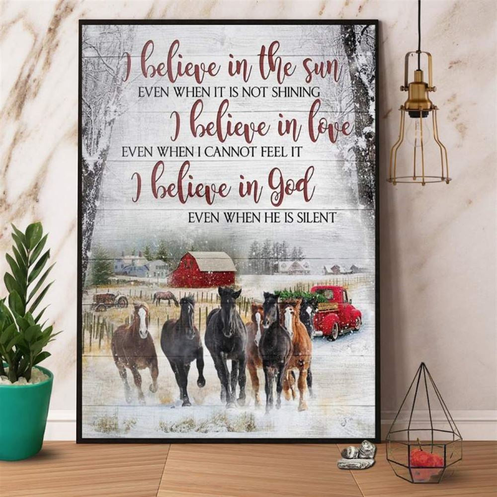 Farm Canvas, Christmas Horse I Believe In Love Farm Red Truck Winter Canvas, Farm Wall Art, Farm Art Decor