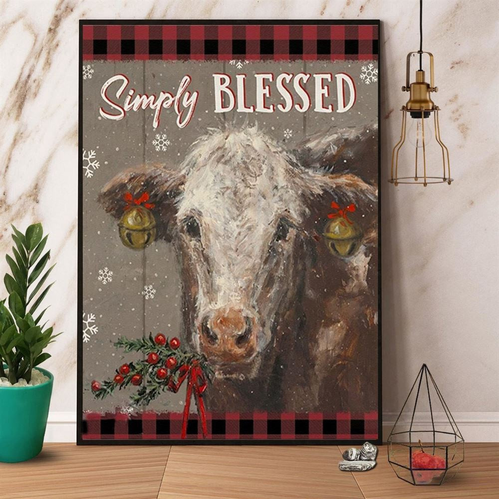 Farm Canvas, Cow Beautiful Christmas Cow Plaid Border Snow Winter Farmer Love Merry Christmas Canvas