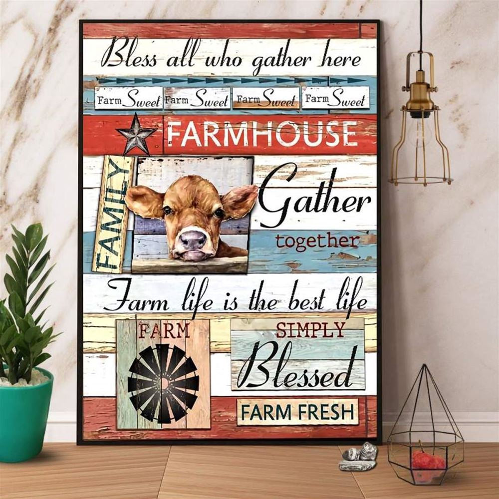 Farm Canvas, Cow Bless All Who Gather Here Farm Sweet Farm House Gather Together Canvas, Farm Wall Art, Farm Art Decor
