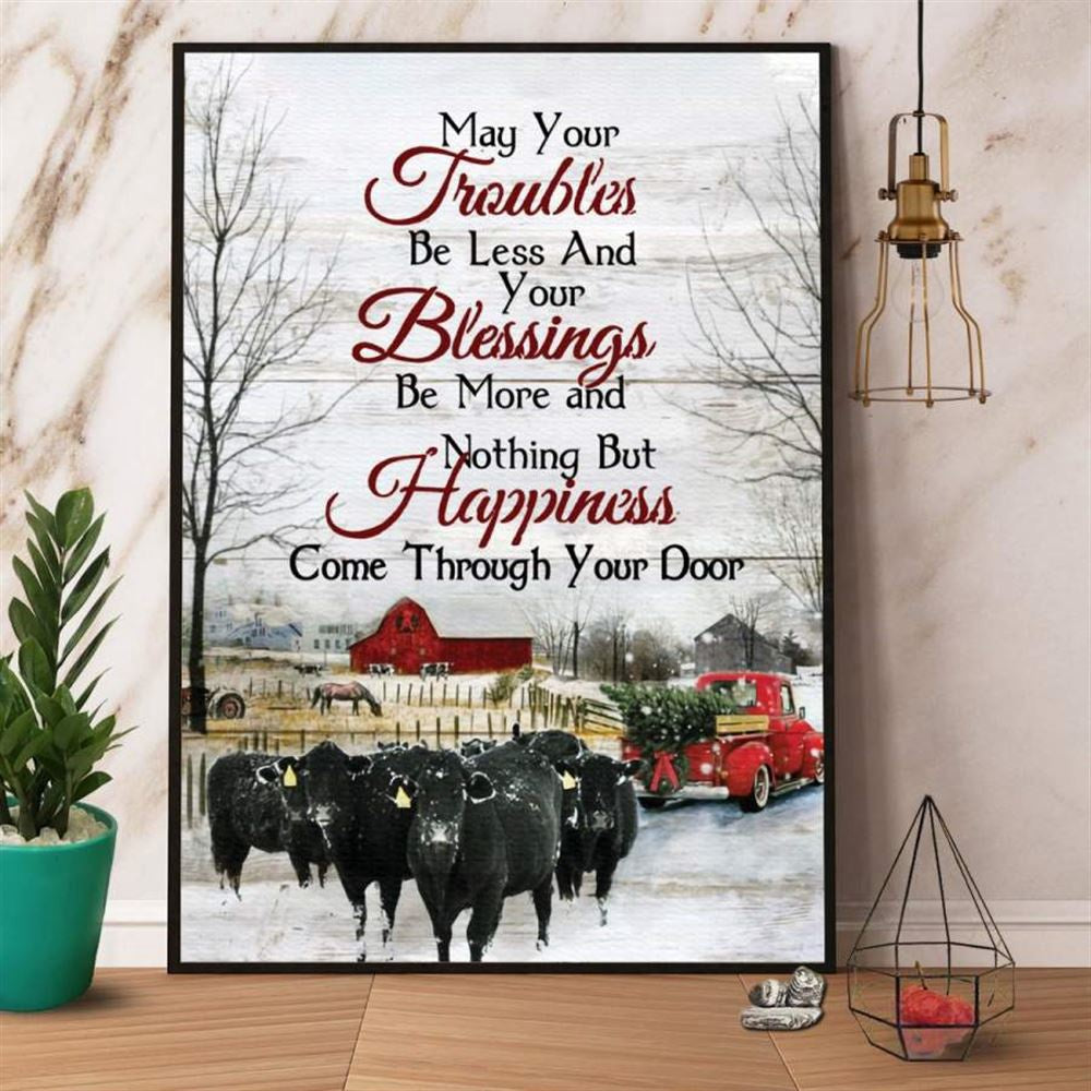 Farm Canvas, Cow Farmhouse Christmas May Your Troubles Be Less Blessings Be More Snowflakes Canvas, Farm Wall Art, Farm Art Decor