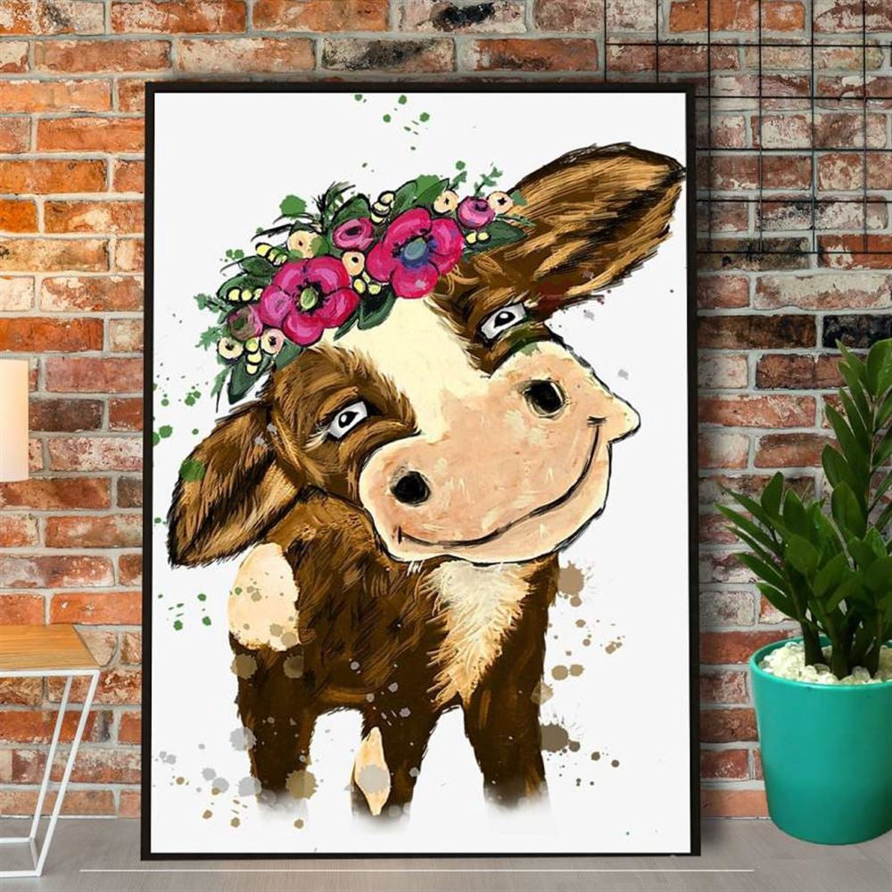 Farm Canvas, Cow Flower Love Cow Smiling Face Farm Canvas, Farm Wall Art, Farm Art Decor
