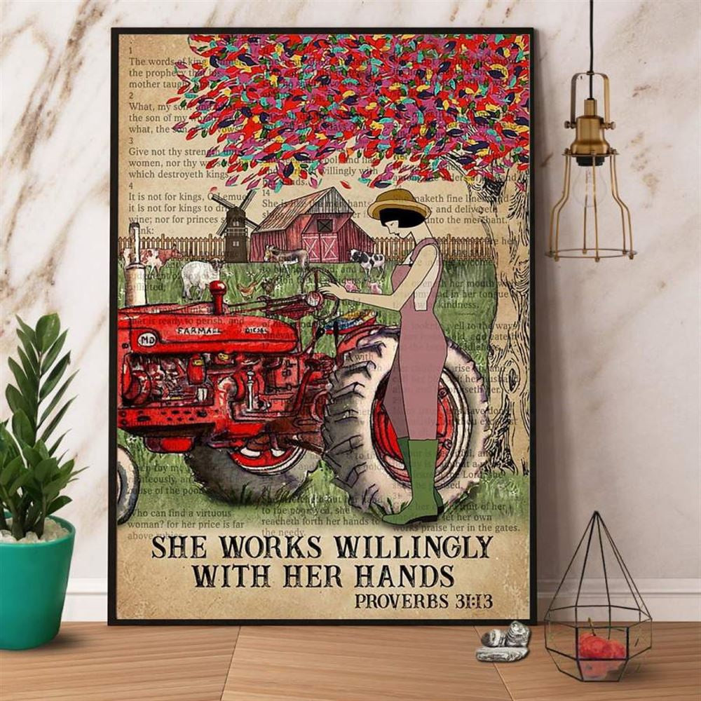 Farm Canvas, Farm Girl She Works Willingly With Her Hand Cow Farmhouse Colorful Tree Canvas, Farm Wall Art, Farm Art Decor