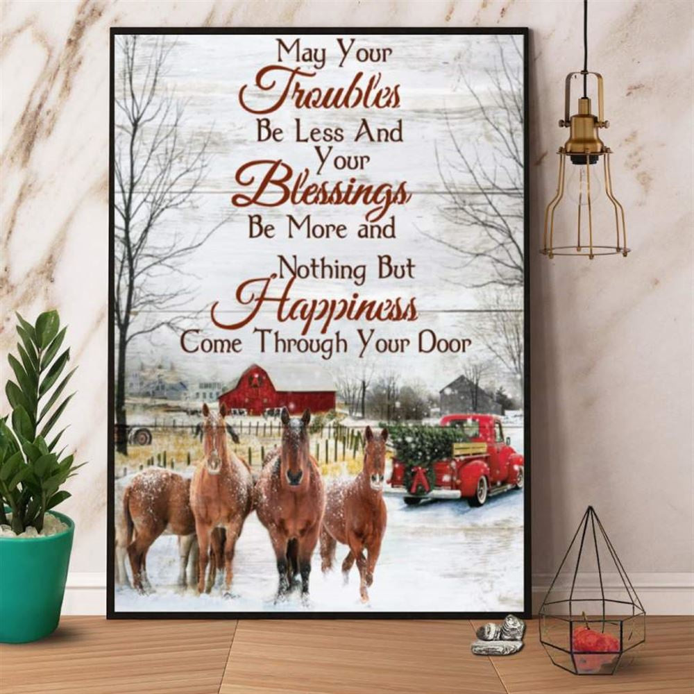 Farm Canvas, Farm Horse Christmas Trouble Blessing Happiness Come Through Your Door Red Truck Canvas