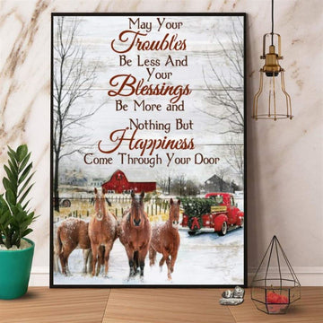 Farm Canvas, Farm Horse Christmas Trouble Blessing Happiness Come Through Your Door Red Truck Canvas