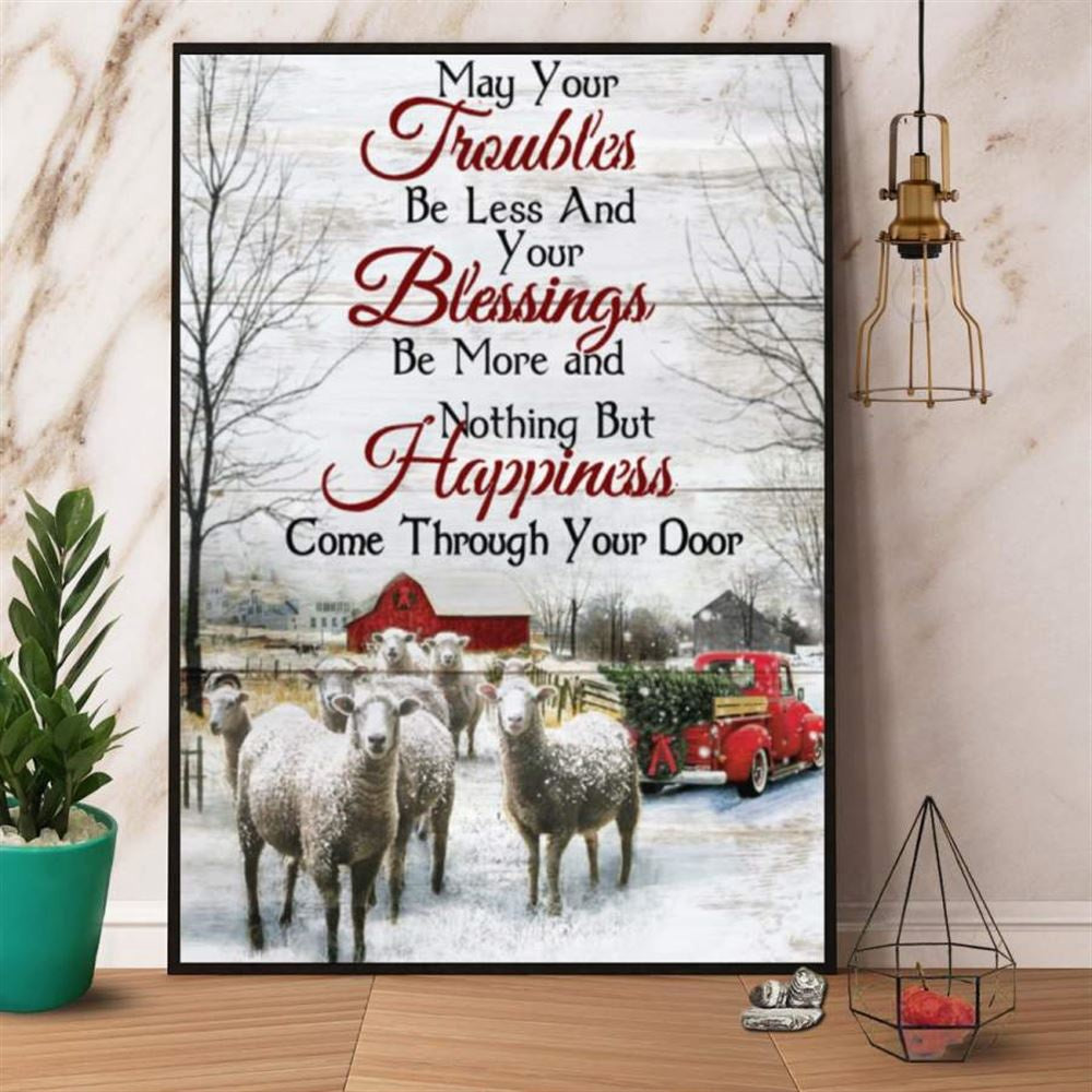 Farm Canvas, Farm Nothing But Happiness Come Through Your Door Sheep Red Truct Christmas Canvas, Farm Wall Art, Farm Art Decor