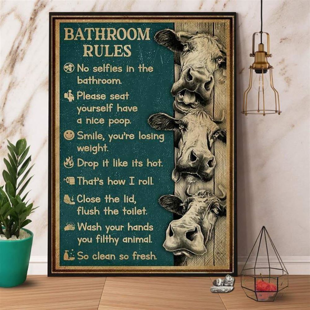 Farm Canvas, Farmer Bathroom Rules Cows Retro Green Canvas, Farm Wall Art, Farm Art Decor