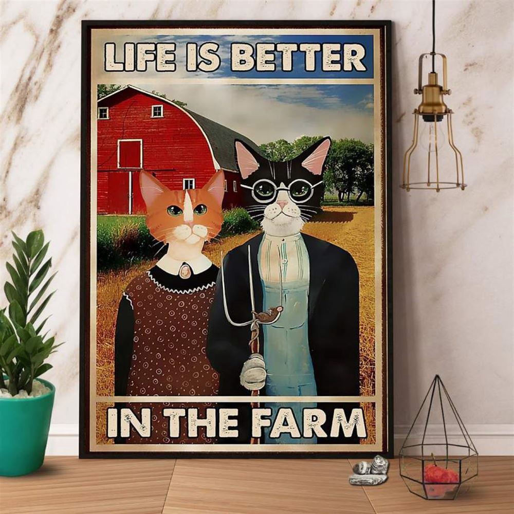 Farm Canvas, Farmer Couple Cat Life Is Better In The Farm Canvas, Farm Wall Art, Farm Art Decor