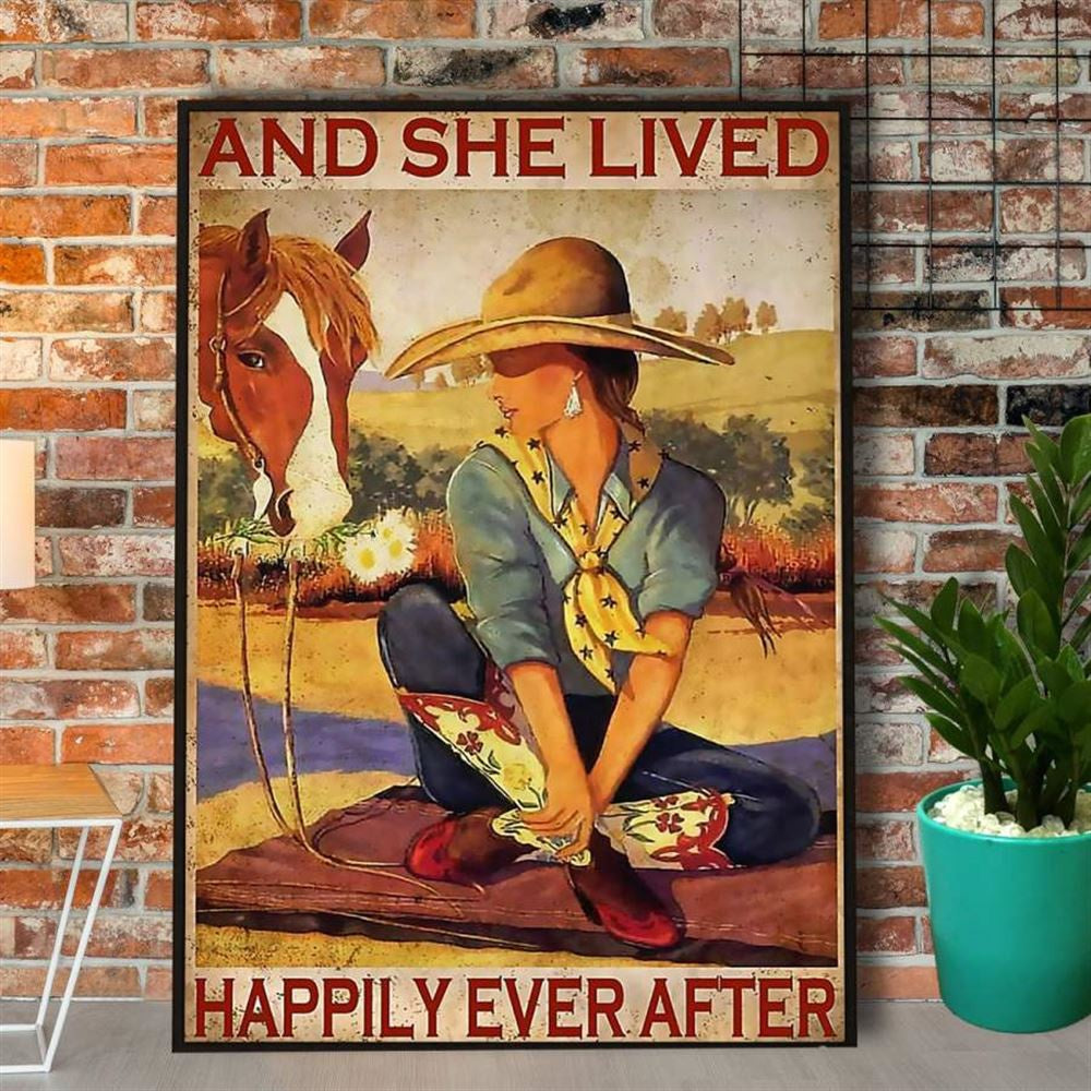 Farm Canvas, Farmer Cowgirl And She Lived Happily Ever After Horse Canvas, Farm Wall Art, Farm Art Decor