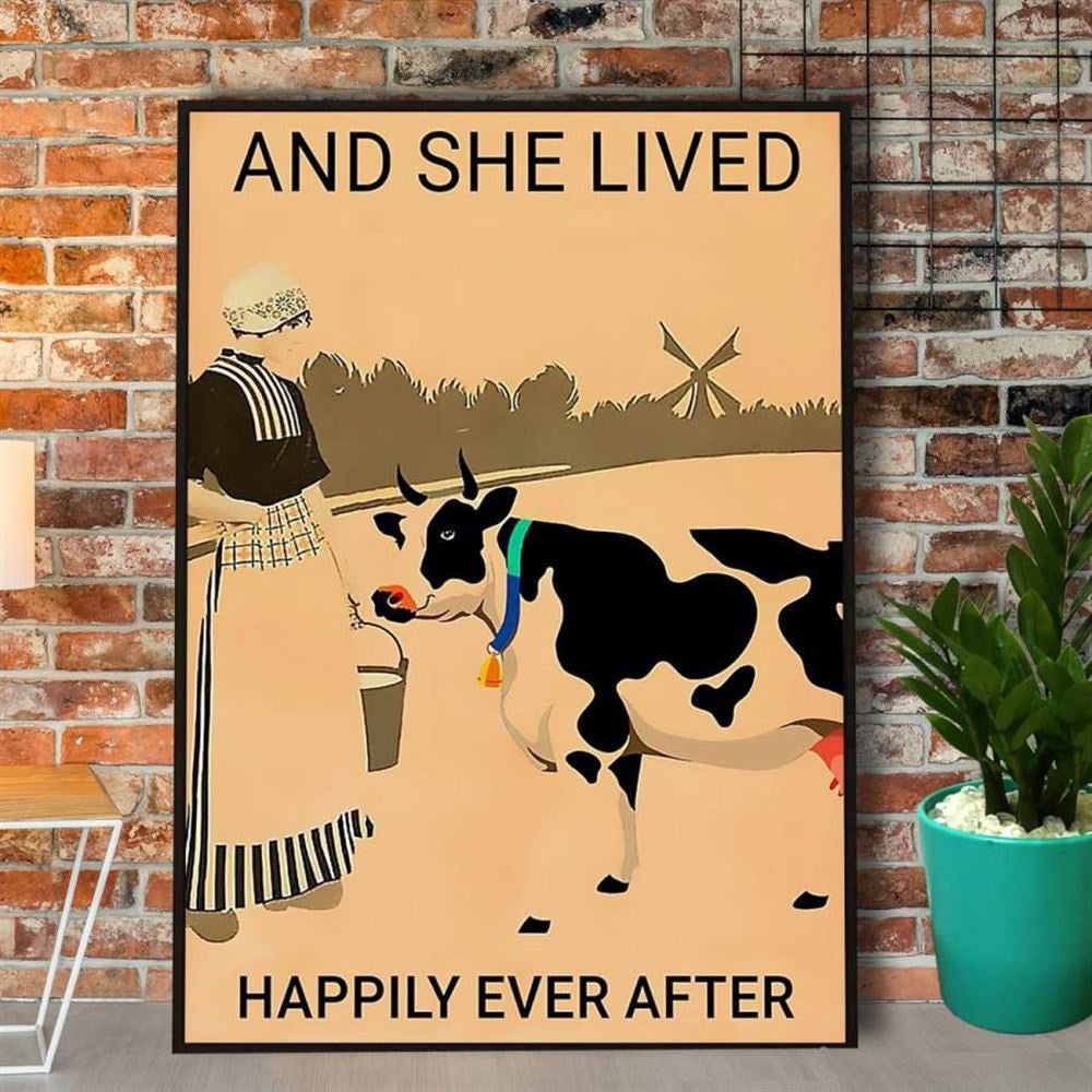 Farm Canvas, Farmer Dairy Cow And She Live Happily Ever After Canvas, Farm Wall Art, Farm Art Decor