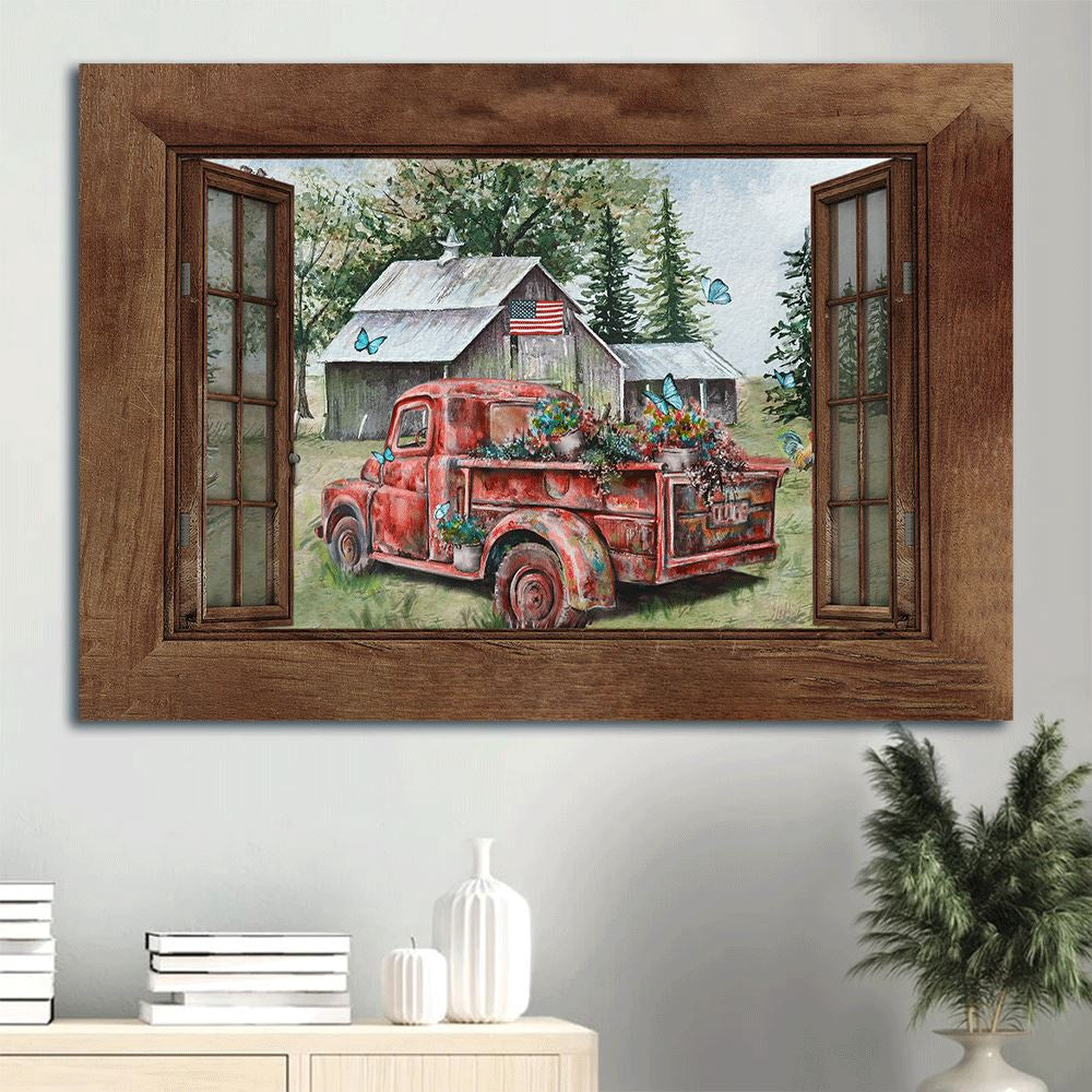 Farm Canvas, Red Truck Painting, Green Meadow, Vintage House, Blue Butterfly Canvas, Farmhouse Canvas, Farm Gift, Farm Home Decor