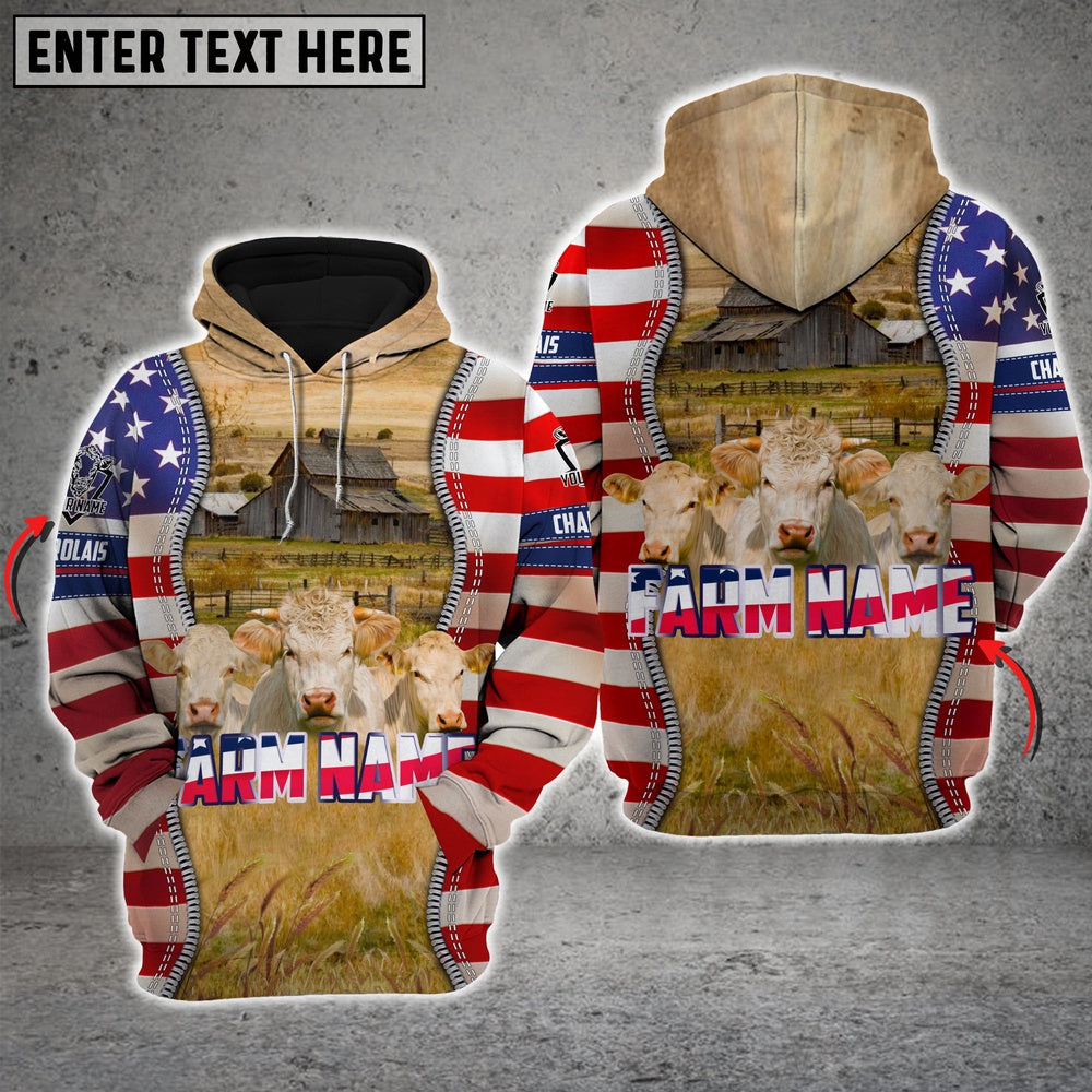 Farm Charolais America Pride Custom Name And Farm Name 3D Shirts, Farmer Hoodie, Custom Farm Shirts, Farmer T Shirt