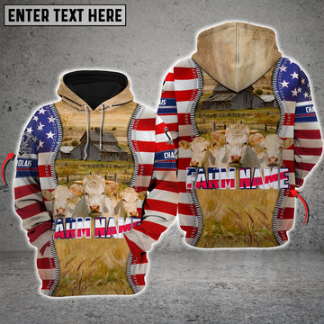 Farm Charolais America Pride Custom Name And Farm Name 3D Shirts, Farmer Hoodie, Custom Farm Shirts, Farmer T Shirt