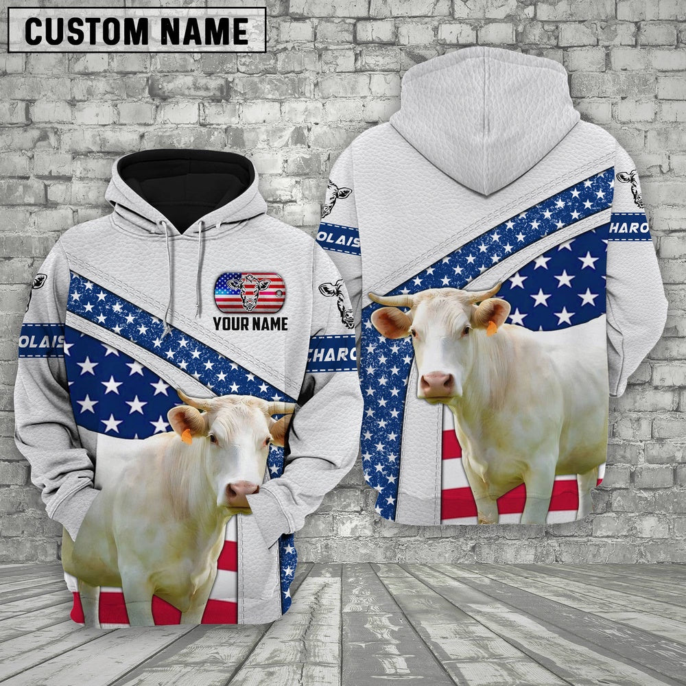 Farm Charolais American Flag Custom Name 3D Shirts, Farmer Hoodie, Custom Farm Shirts, Farmer T Shirt