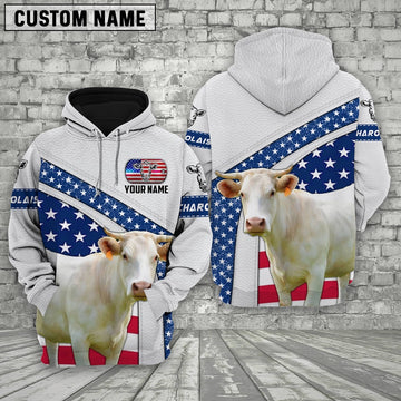 Farm Charolais American Flag Custom Name 3D Shirts, Farmer Hoodie, Custom Farm Shirts, Farmer T Shirt