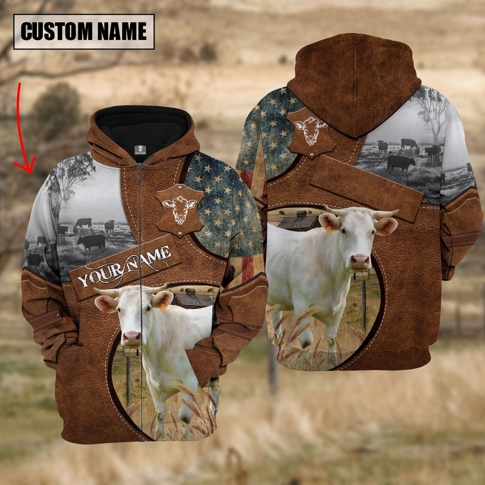 Farm Charolais American Leather Pattern 3D Custom Name Shirts, Farmer Hoodie, Custom Farm Shirts, Farmer T Shirt