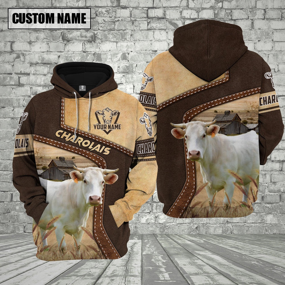 Farm Charolais Brown Leather Pattern Custom Name 3D Shirts, Farmer Hoodie, Custom Farm Shirts, Farmer T Shirt
