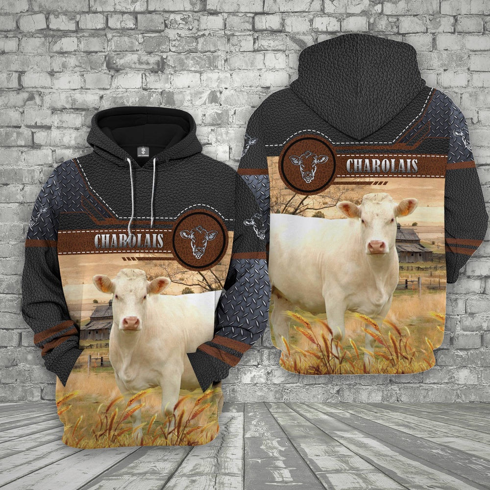 Farm Charolais Cattle Black Leather Pattern 3D Printed Shirts, Farmer Hoodie, Farm Themed Shirts, Farm Tee Shirts