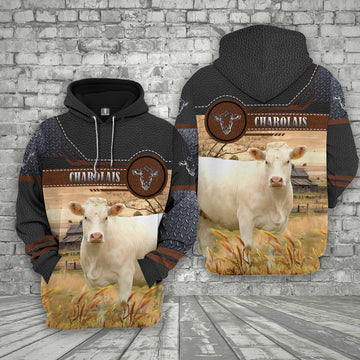 Farm Charolais Cattle Black Leather Pattern 3D Printed Shirts, Farmer Hoodie, Farm Themed Shirts, Farm Tee Shirts