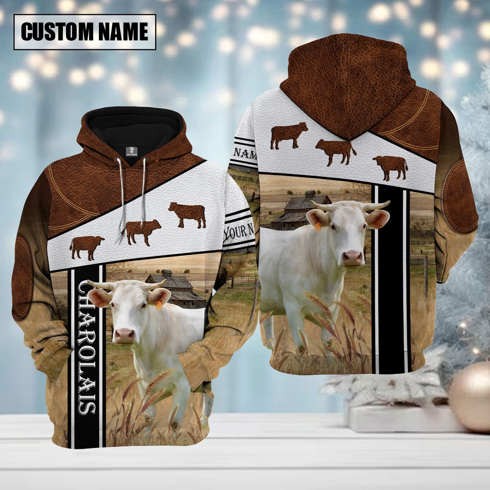 Farm Charolais Cattle Brown Leather Pattern Custom Name Shirts, Farmer Hoodie, Custom Farm Shirts, Farmer T Shirt