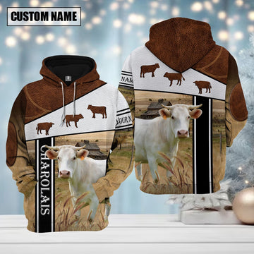 Farm Charolais Cattle Brown Leather Pattern Custom Name Shirts, Farmer Hoodie, Custom Farm Shirts, Farmer T Shirt