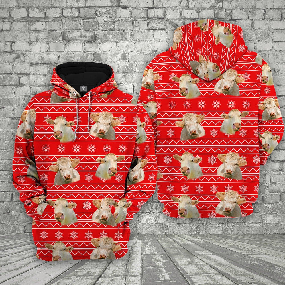 Farm Charolais Cattle Christmas Pattern 3D Printed Hoodie, Farmer Hoodie, Farm Themed Shirts, Farm Tee Shirts