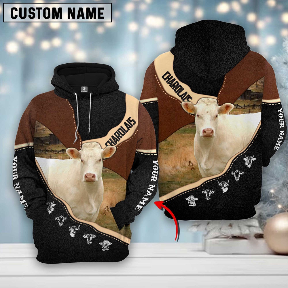 Farm Charolais Cattle Leather Pattern Custom Name 3D Shirts, Farmer Hoodie, Custom Farm Shirts, Farmer T Shirt