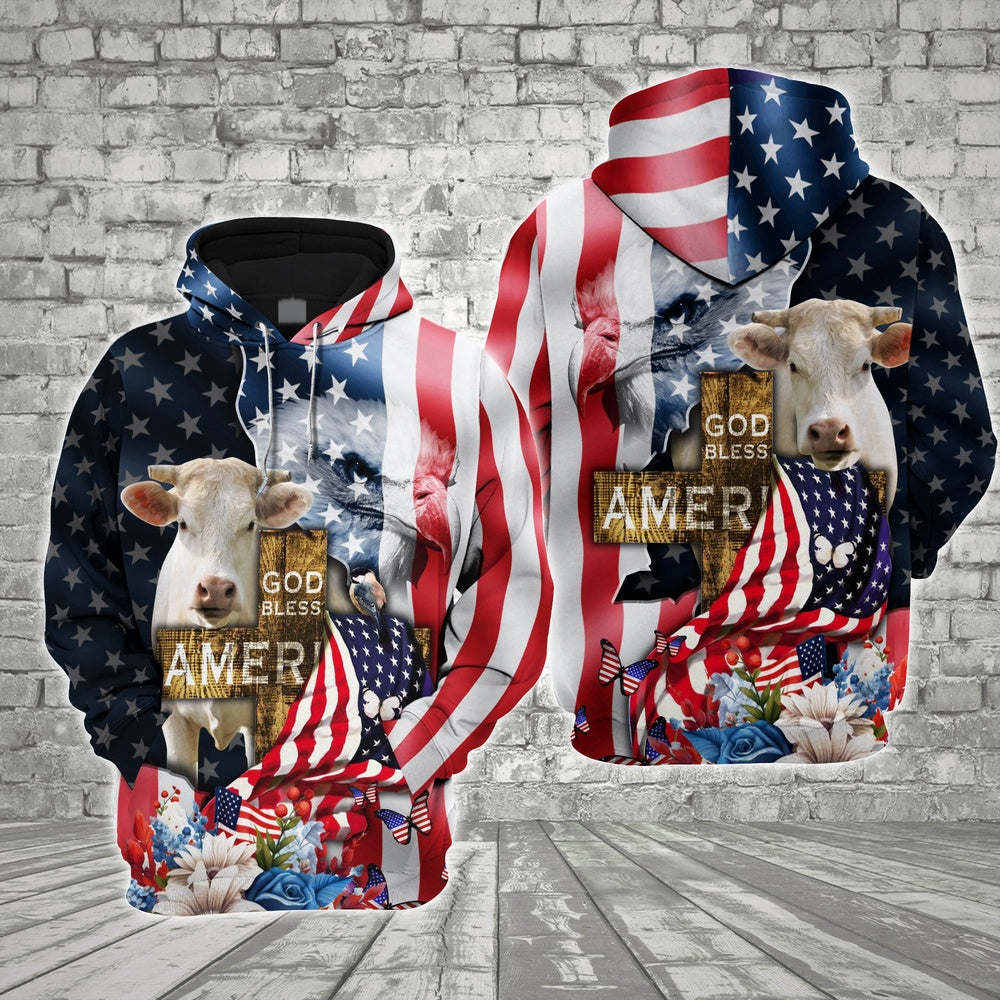 Farm Charolais Cross God Bless America 3D Shirts, Farmer Hoodie, Farm Themed Shirts, Farm Tee Shirts
