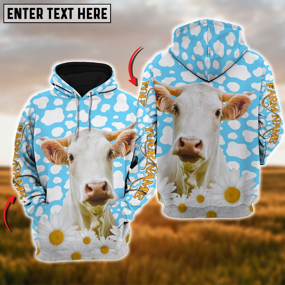 Farm Charolais Daisy Pattern Customize Name 3D Shirts, Farmer Hoodie, Custom Farm Shirts, Farmer T Shirt
