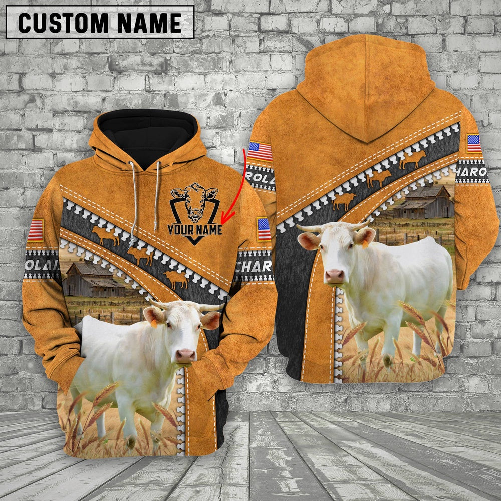 Farm Charolais Leather Zip Pattern Custom Name 3D Shirts, Farmer Hoodie, Custom Farm Shirts, Farmer T Shirt